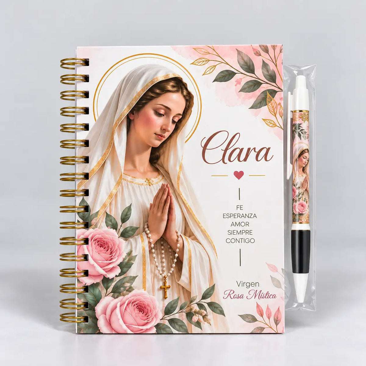 Agenda 2027 Virgen Rosa Mística y lapicero de obsequio con el diseño de la agenda