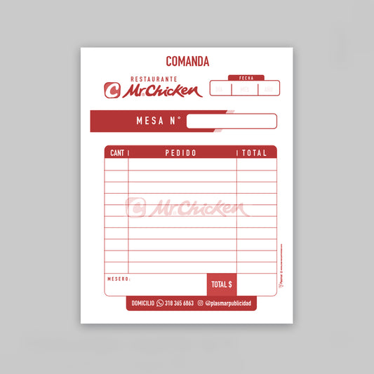 Comanda para restaurante personalizada en color rojo