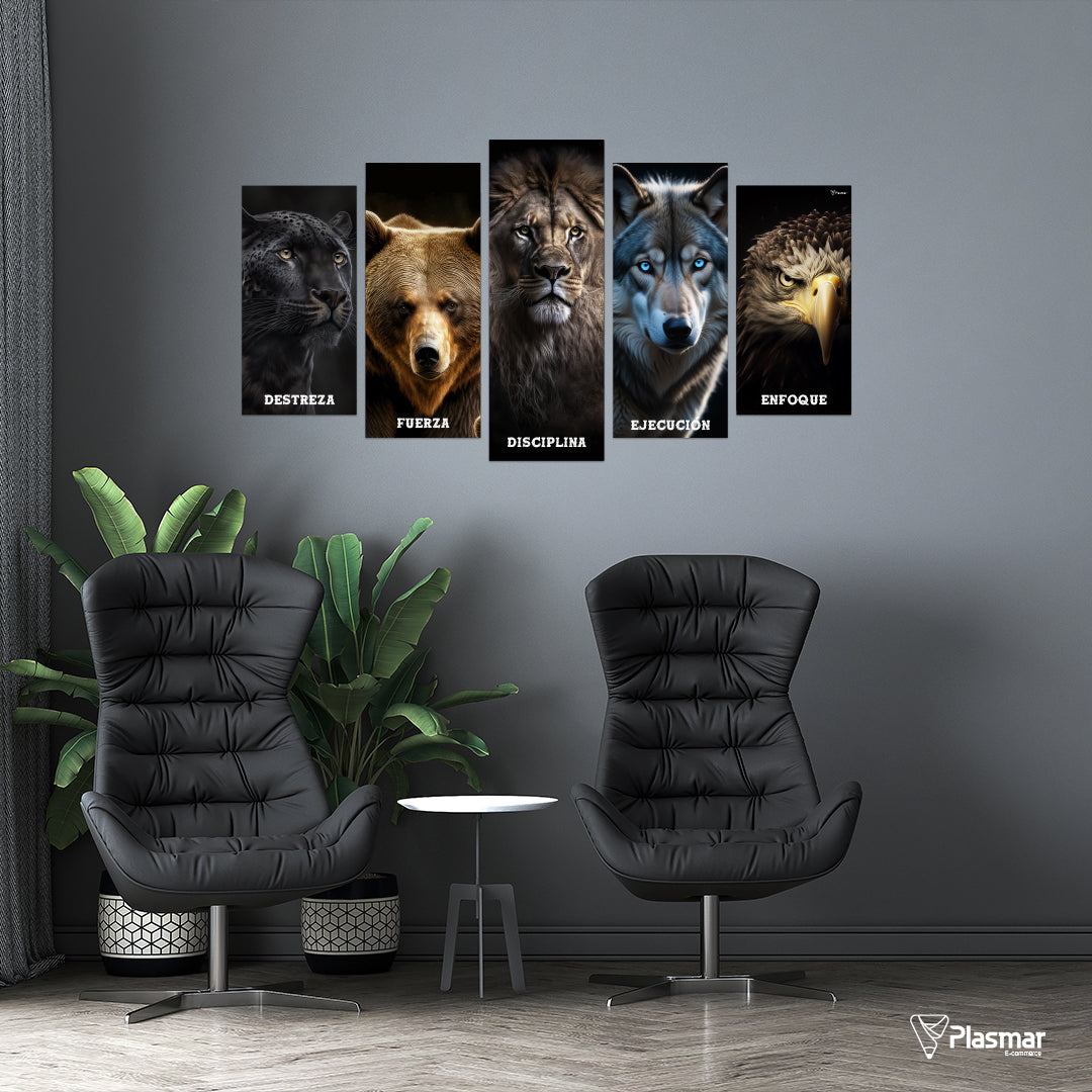Cuadro motivacional Animal Power de 5 piezas en MDF