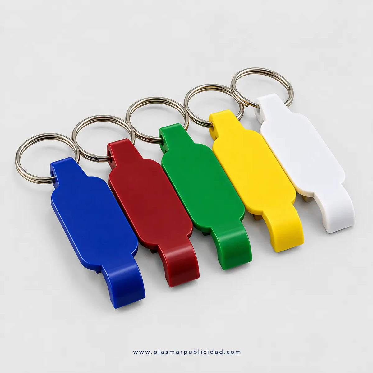 Llavero destapador plástico en 5 colores: azul, rojo, verde, amarillo y blanco, listo para personalizar