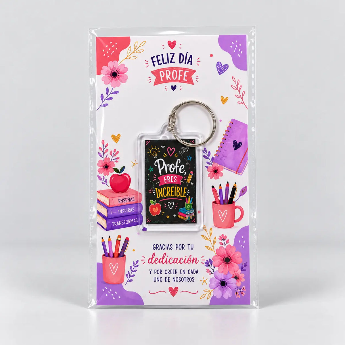 Llavero acrílico Profe, eres increíble en tarjeta de dedicatoria Feliz día profe con bolsa transparente