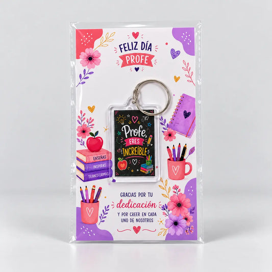 Llavero acrílico Profe, eres increíble en tarjeta de dedicatoria Feliz día profe con bolsa transparente