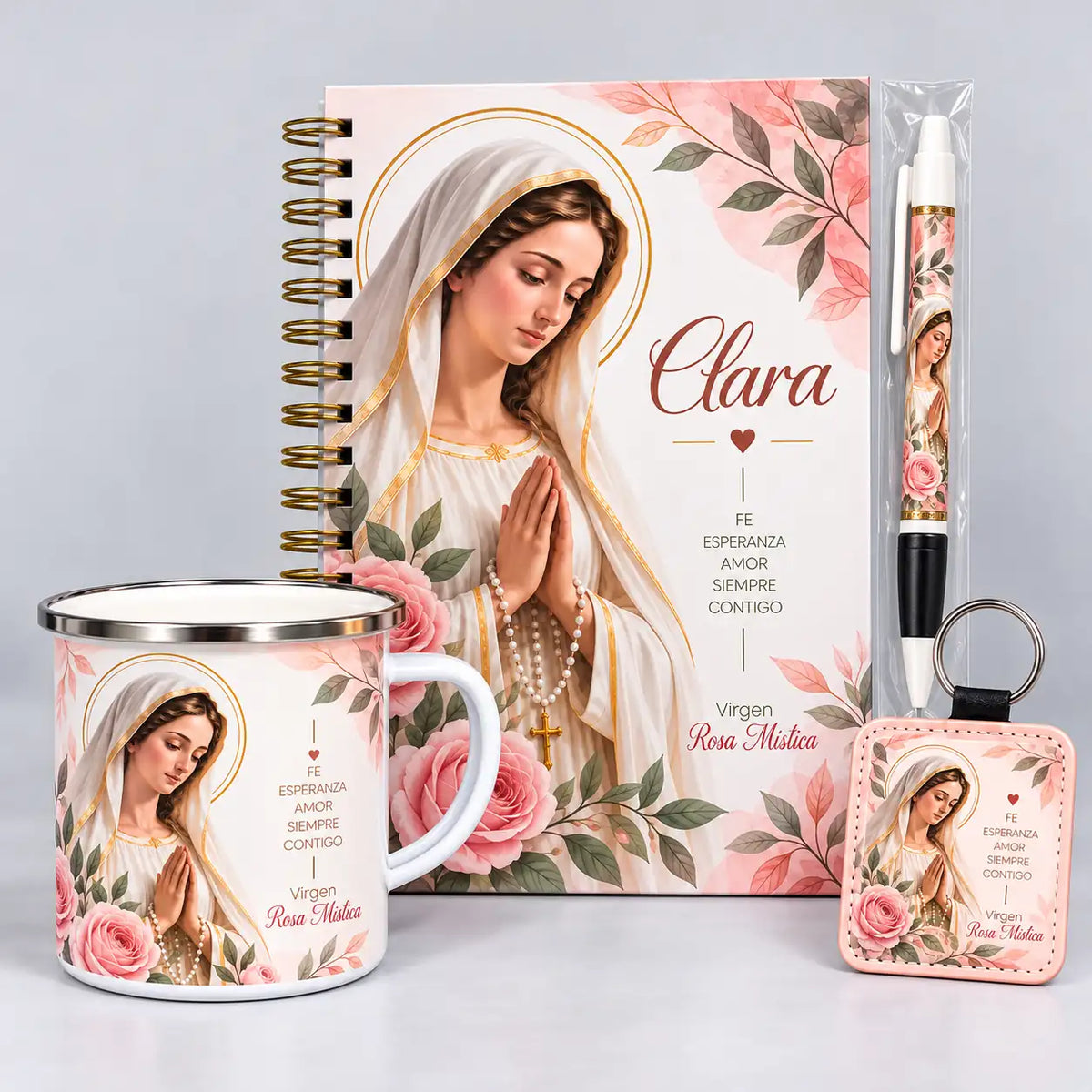 Combo Virgen Rosa Mística: agenda 2027, mug en peltre, llavero premium y lapicero de obsequio