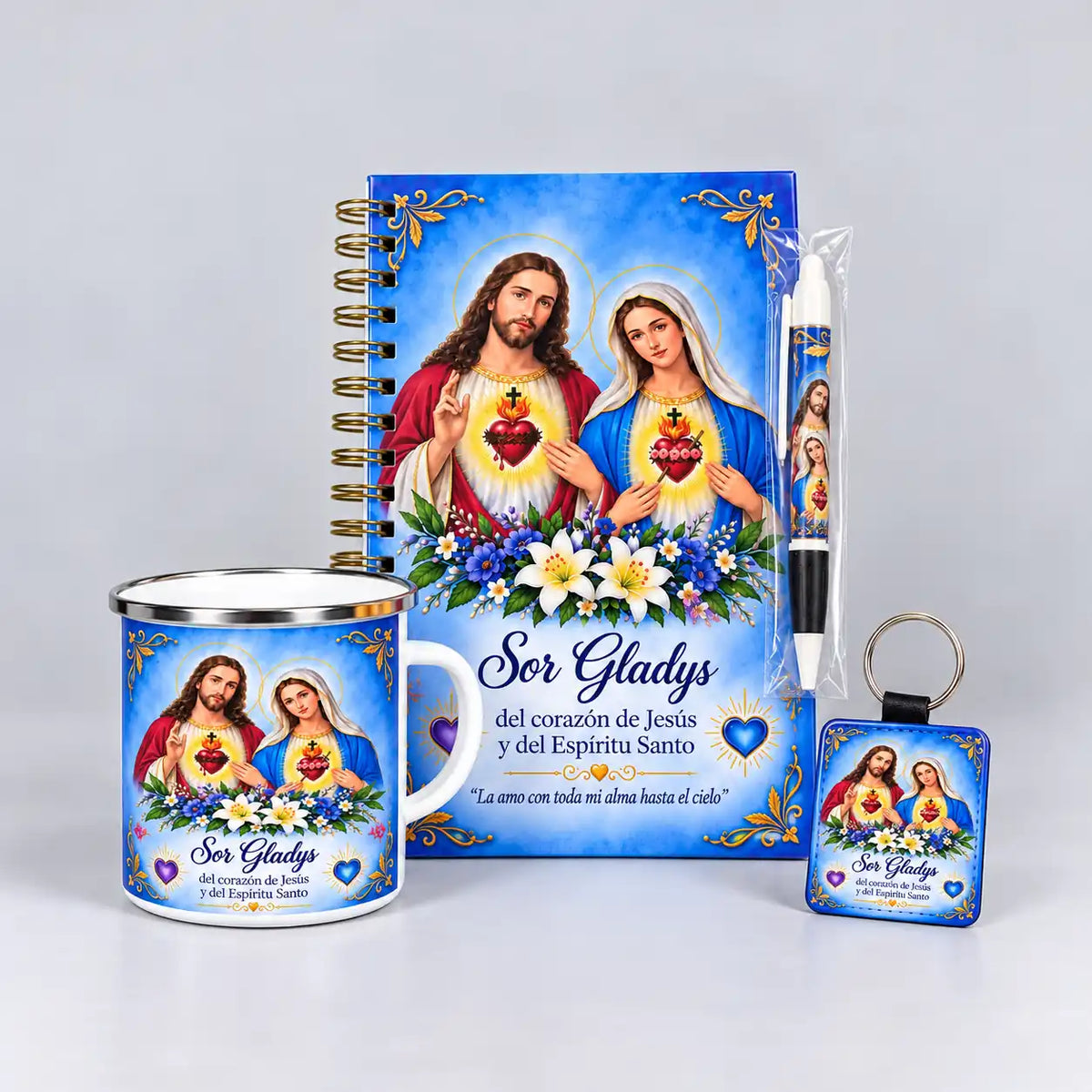 Combo Sagrados Corazones: agenda 2027, mug en peltre, llavero premium y lapicero de obsequio