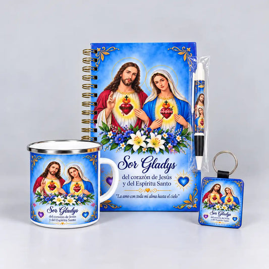 Combo Sagrados Corazones: agenda 2027, mug en peltre, llavero premium y lapicero de obsequio