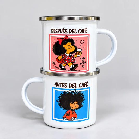 Mugs en peltre de Mafalda, regalo con estilo retro para amantes del café
