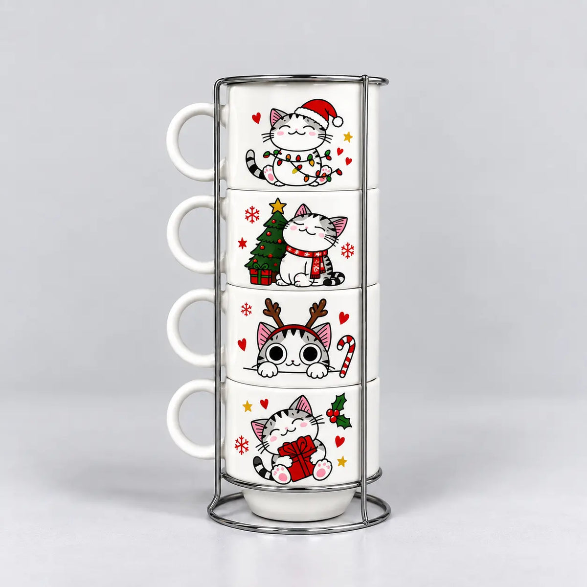 Torre de 4 vasos tinteros con gatitos navideños en soporte metálico