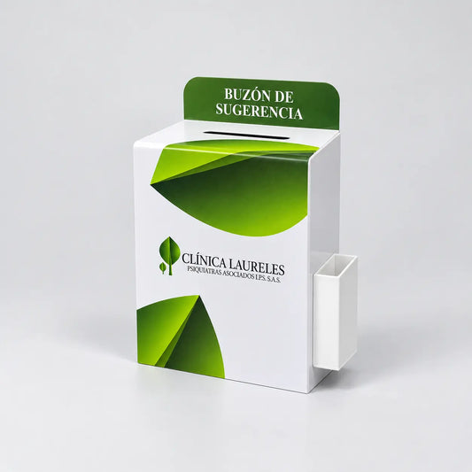 Buzón de sugerencias en acrílico personalizado con la marca de una clínica, con llave y bolsillo lateral para formatos