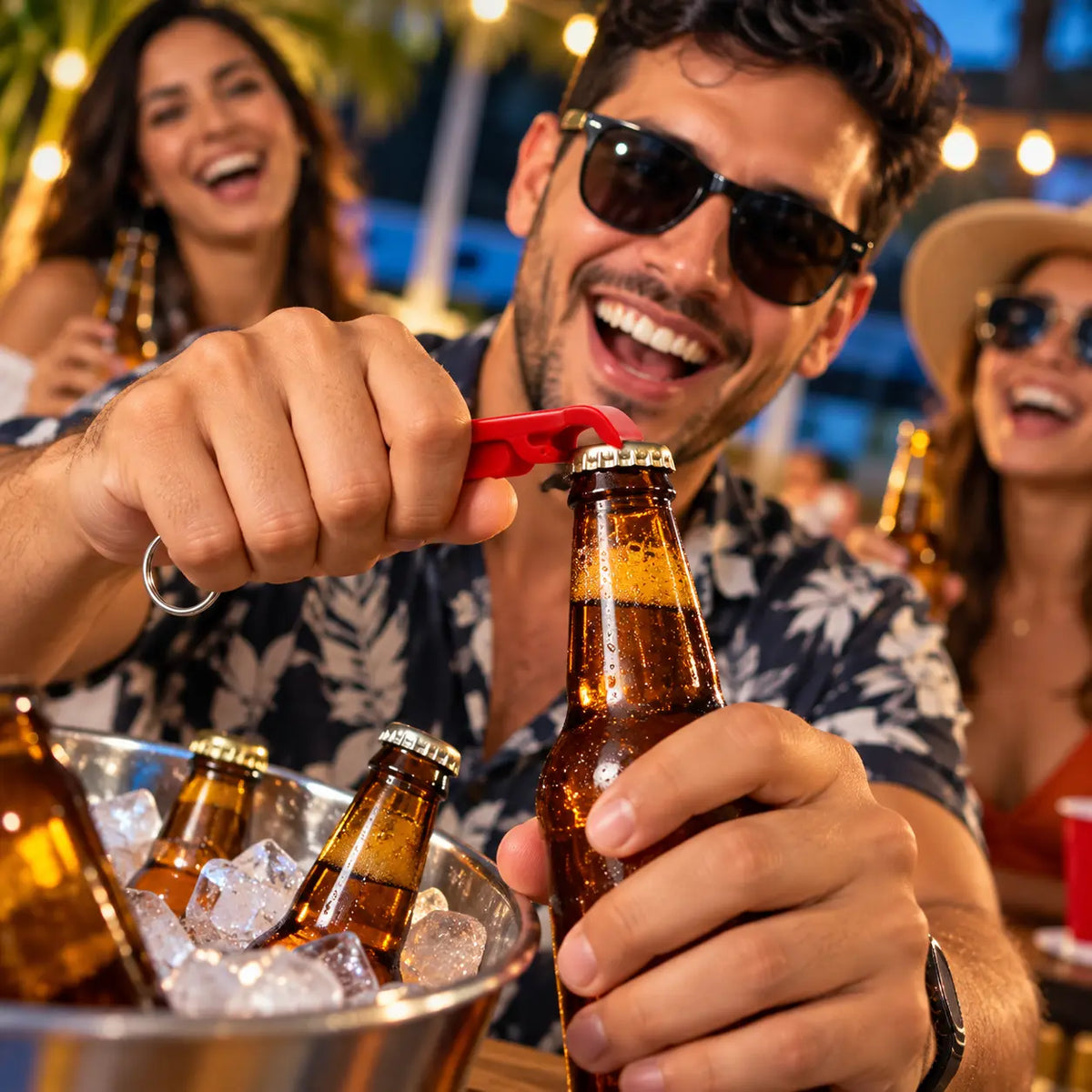 Personas en una fiesta usando el llavero destapador plástico personalizado para abrir sus bebidas