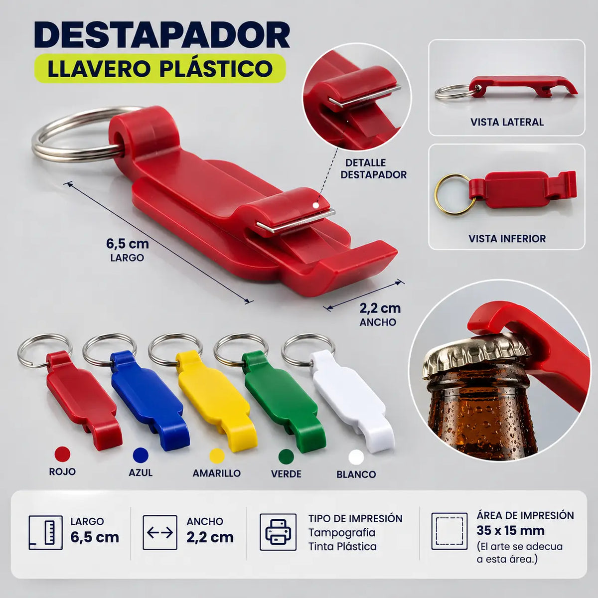 Medidas del llavero destapador plástico: 6,5 cm de largo y 2,2 cm de ancho, con área de impresión de 35 × 15 mm