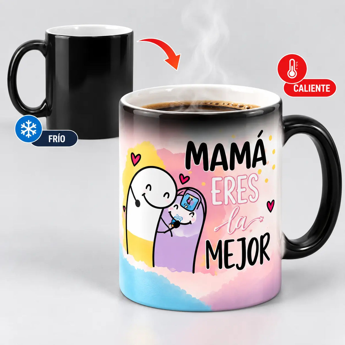 Mug mágico personalizado antes y después de servir una bebida caliente